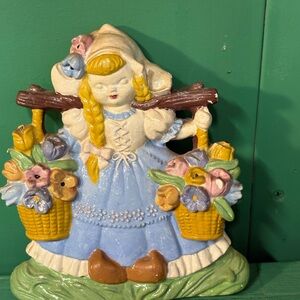 Vintage Chalkware 1951 Dutch Girl With Baskets Wall Decor